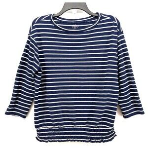 St Johns Bay Shirt Women's Size M Blue Stripe Gathered Waist Long Sleeve Top